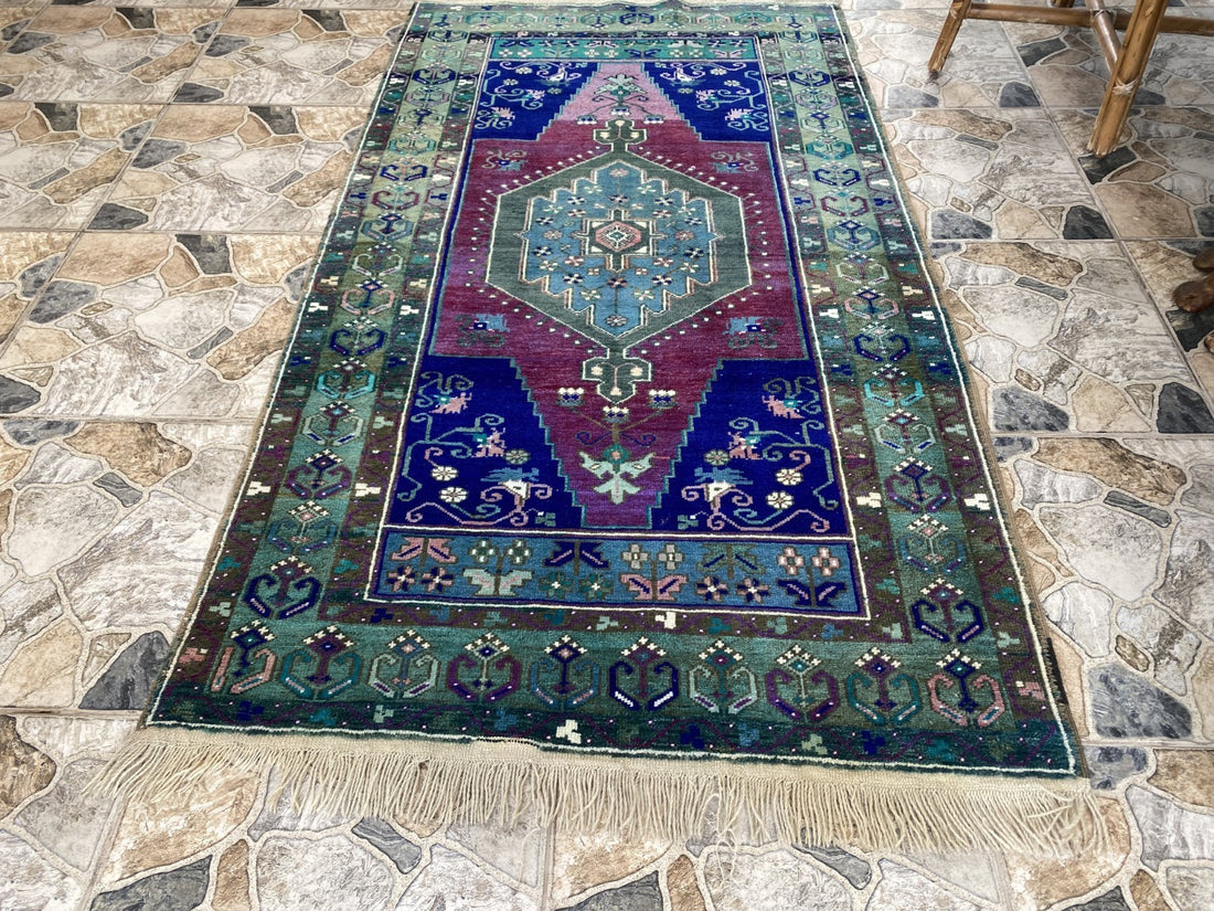 Vintage Handmade Turkish Rug Red Blue Medallion Anatolian Tribal Wool Rug 3x6 ft