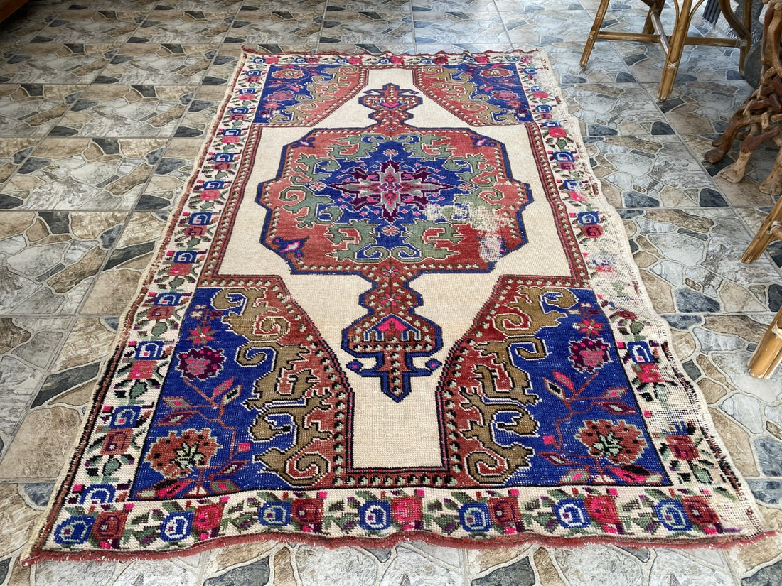 Vintage Turkish Area Rug | 4.3 x 7.3 ft Hand-Knotted Wool Distressed Antique Rug