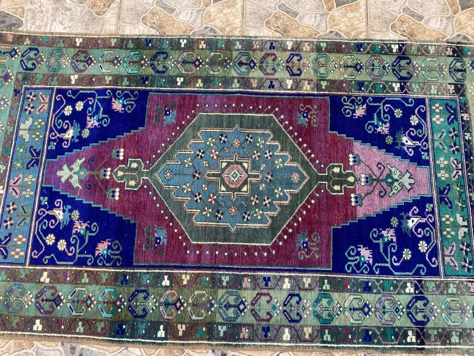 Vintage Handmade Turkish Rug Red Blue Medallion Anatolian Tribal Wool Rug 3x6 ft