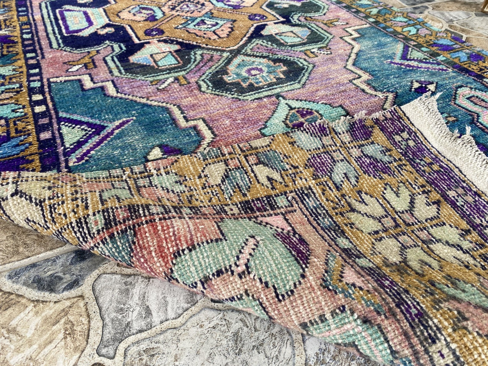 1950s Geometric Turkish Vintage Area, Tribal Handmade Anatolian Rug 3.3x7.5 ft