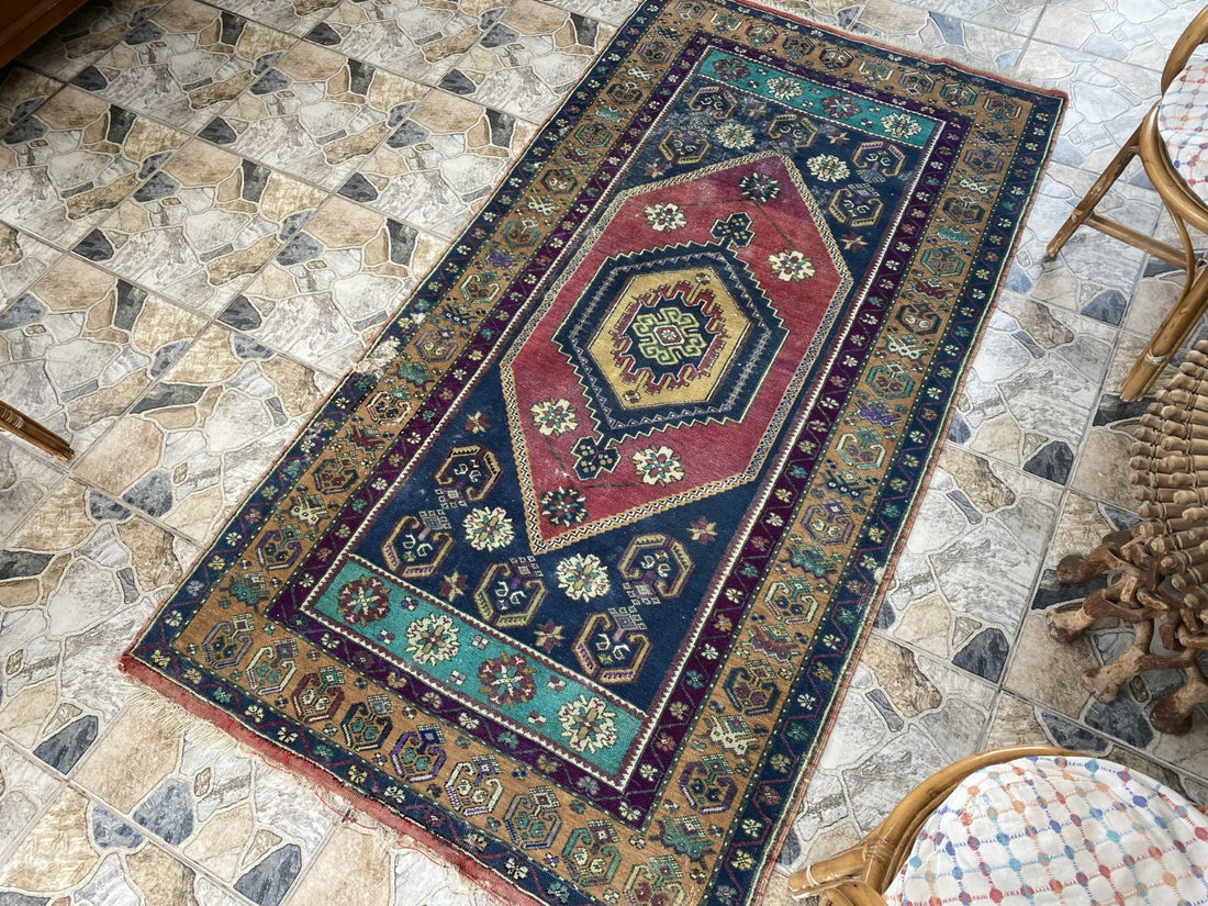 4x7 ft Vintage Turkish Rug, Geometric Pattern, Red Blue Oriental Tribal Area Rug