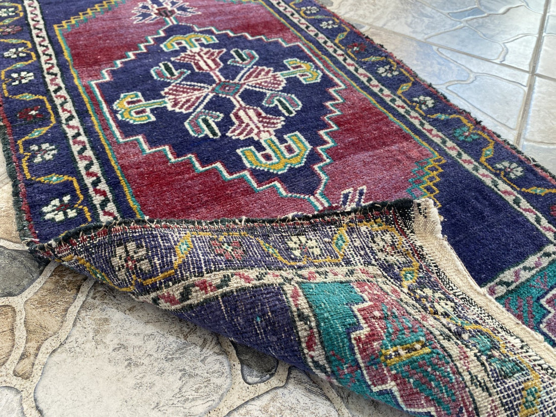 Geometric Turkish Vintage Small Rug, Tribal Handmade Anatolian Red Blue 1.9x3.4