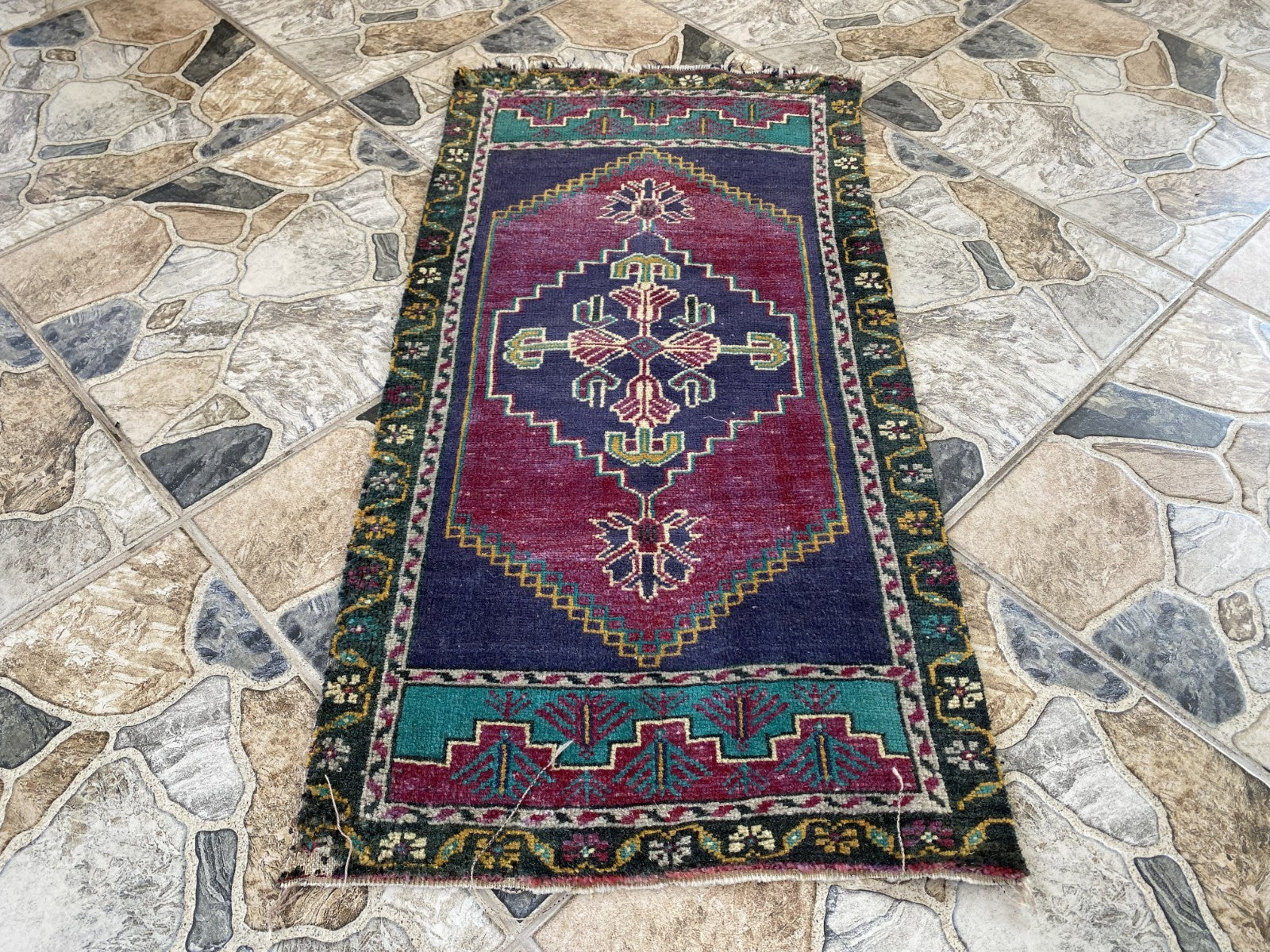 Vintage Turkish Rug 1.6x3.1 Hand Knotted Anatolian Geometric Wool Small Carpet