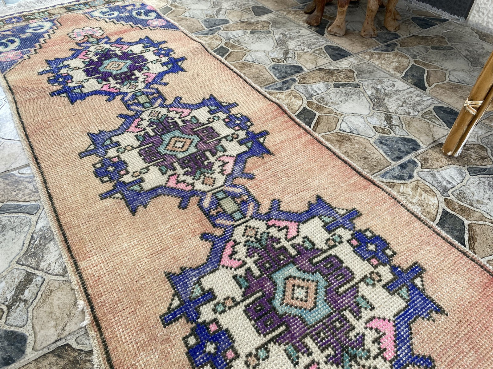 Geometric Turkish Vintage Rug, Runner Farmhouse Anatolian Tribal Village Rug 2x9