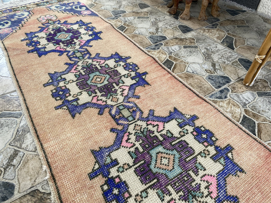 Geometric Turkish Vintage Rug, Runner Farmhouse Anatolian Tribal Village Rug 2x9
