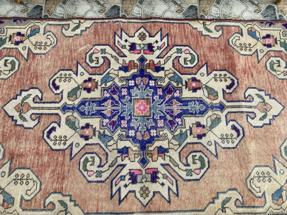 3x7 ft Vintage Turkish Area Rug Red Blue Oriental Anatolian Medallion Floral Rug