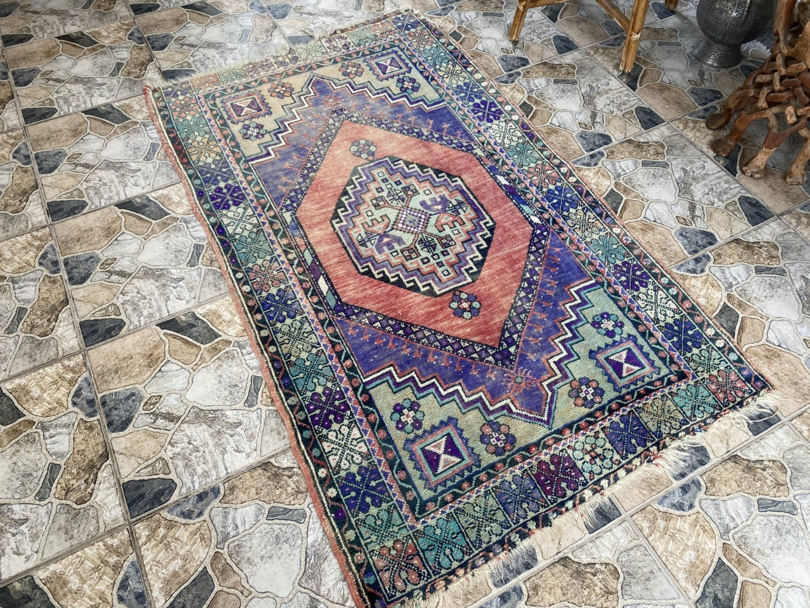 3x6 ft Vintage Turkish Rug Red Blue Farmhouse Oriental Medallion Tribal Area Rug