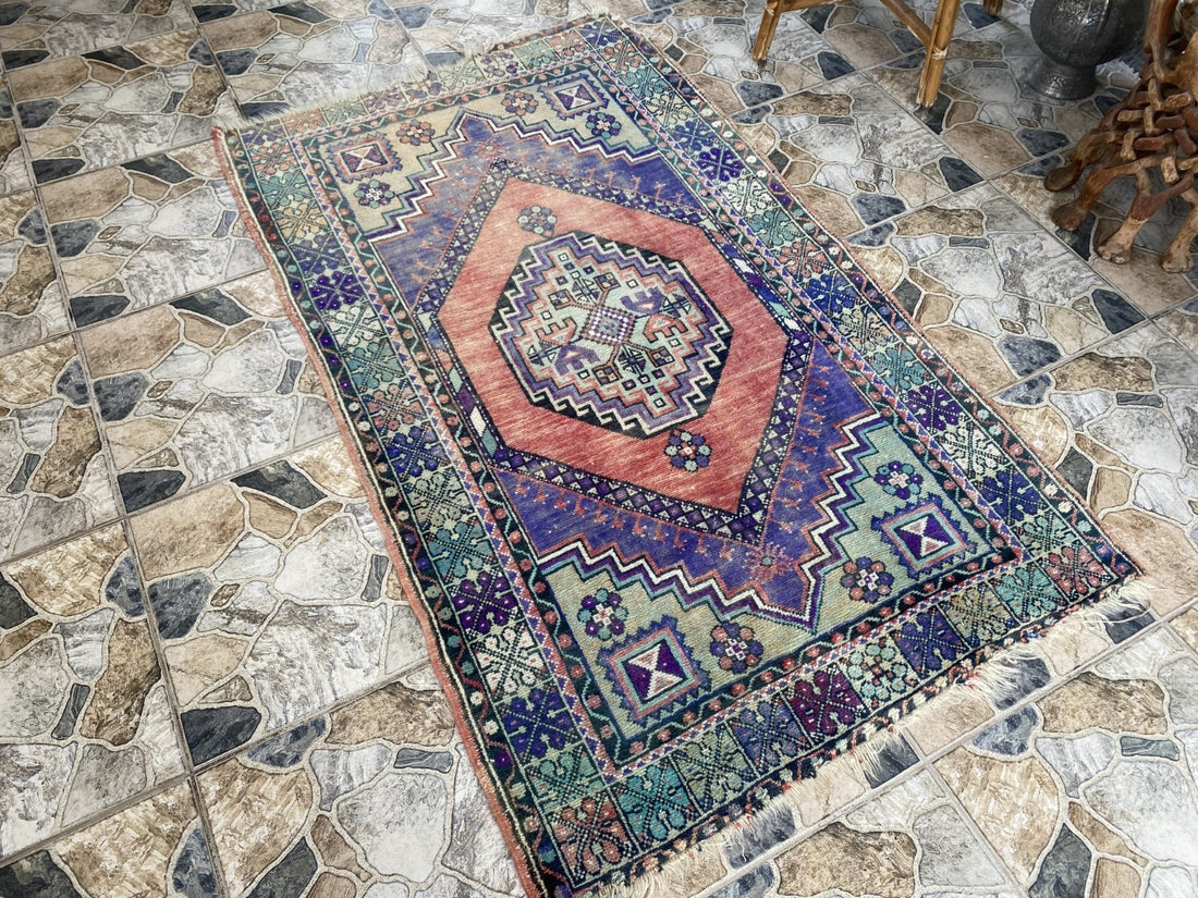 3x6 ft Vintage Turkish Rug Red Blue Farmhouse Oriental Medallion Tribal Area Rug