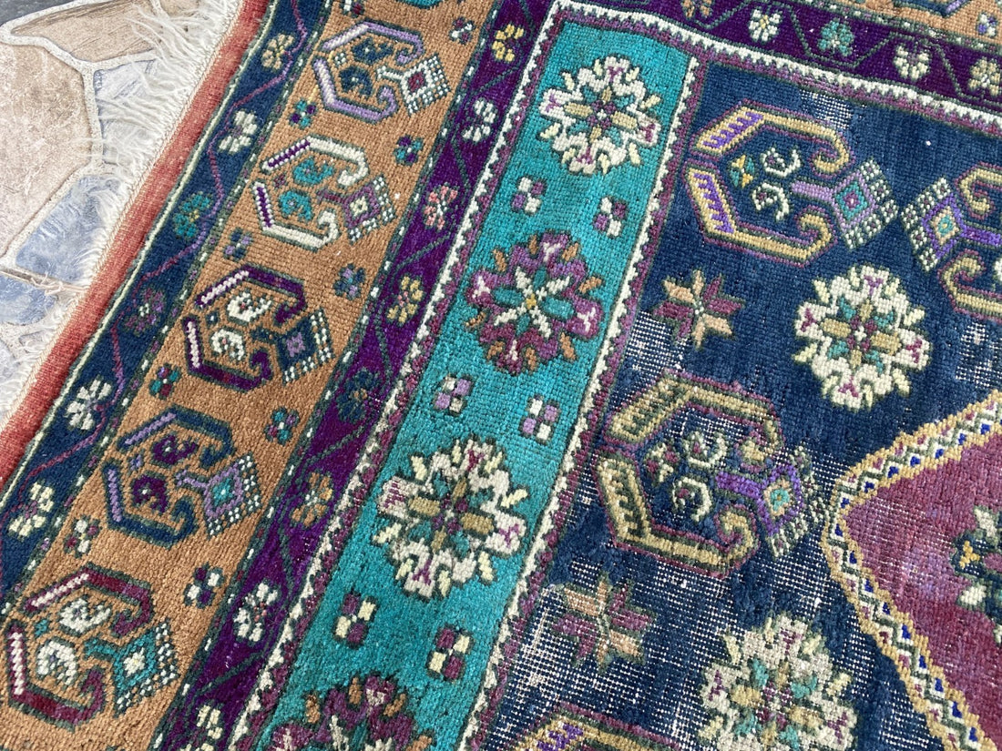 4x7 ft Vintage Turkish Rug, Geometric Pattern, Red Blue Oriental Tribal Area Rug