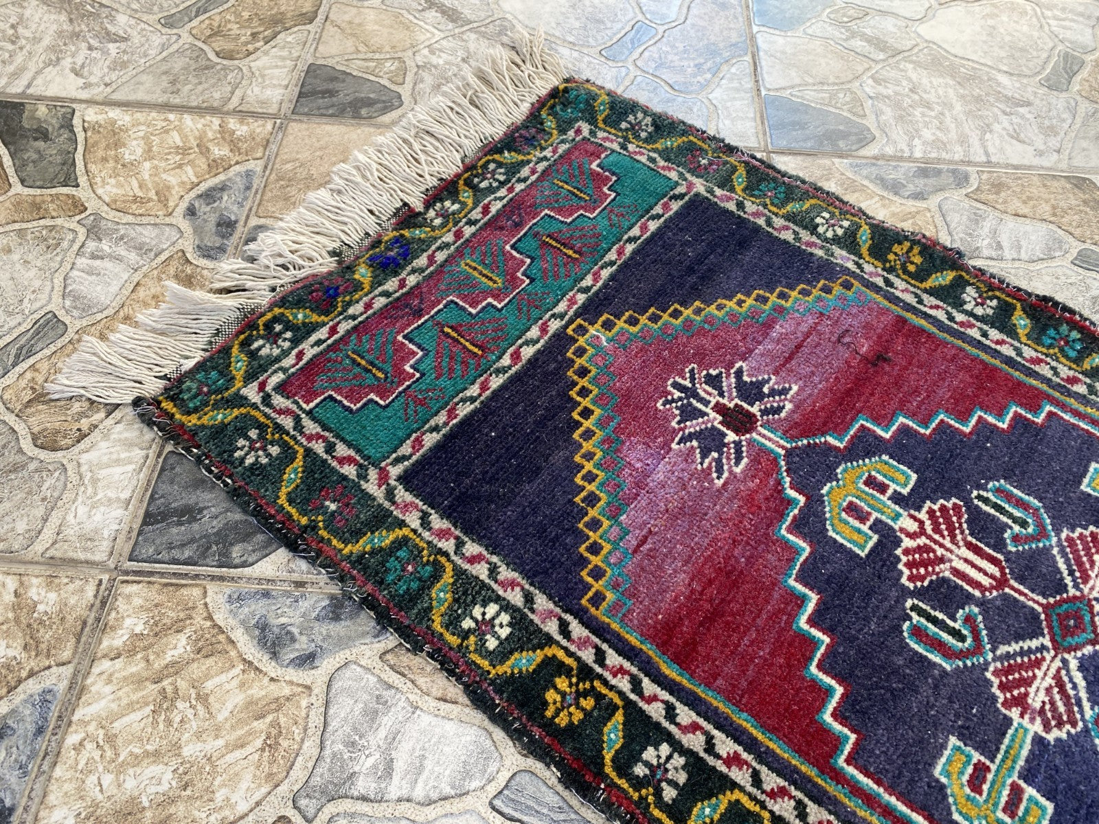 Vintage Turkish Rug 1.8x3.6 Hand Knotted Wool Anatolian Geometric Small Carpet