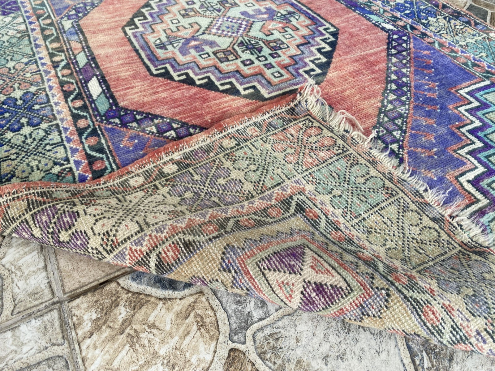 3x6 ft Vintage Turkish Rug Red Blue Farmhouse Oriental Medallion Tribal Area Rug