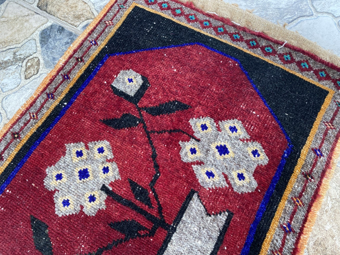 Vintage Turkish Accent Rug, Tribal Handmade Anatolian Small 1970s Red 1.7x2.6 ft