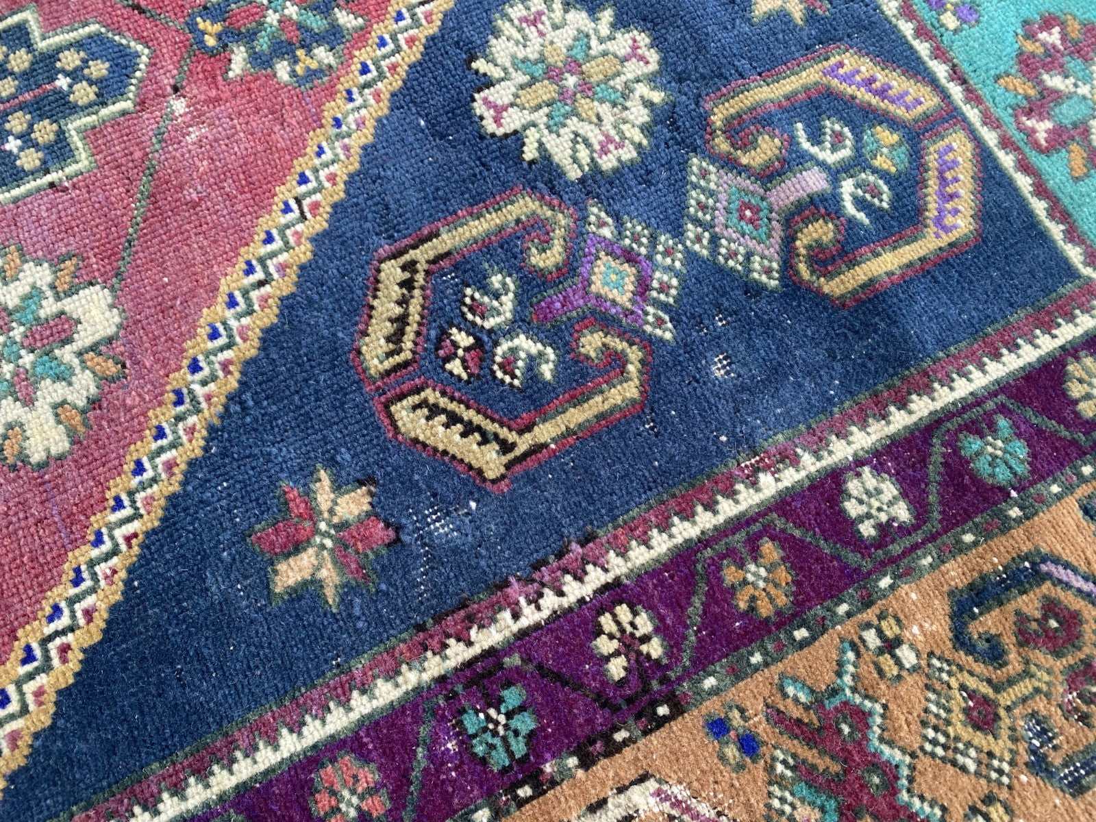 4x7 ft Vintage Turkish Rug, Geometric Pattern, Red Blue Oriental Tribal Area Rug