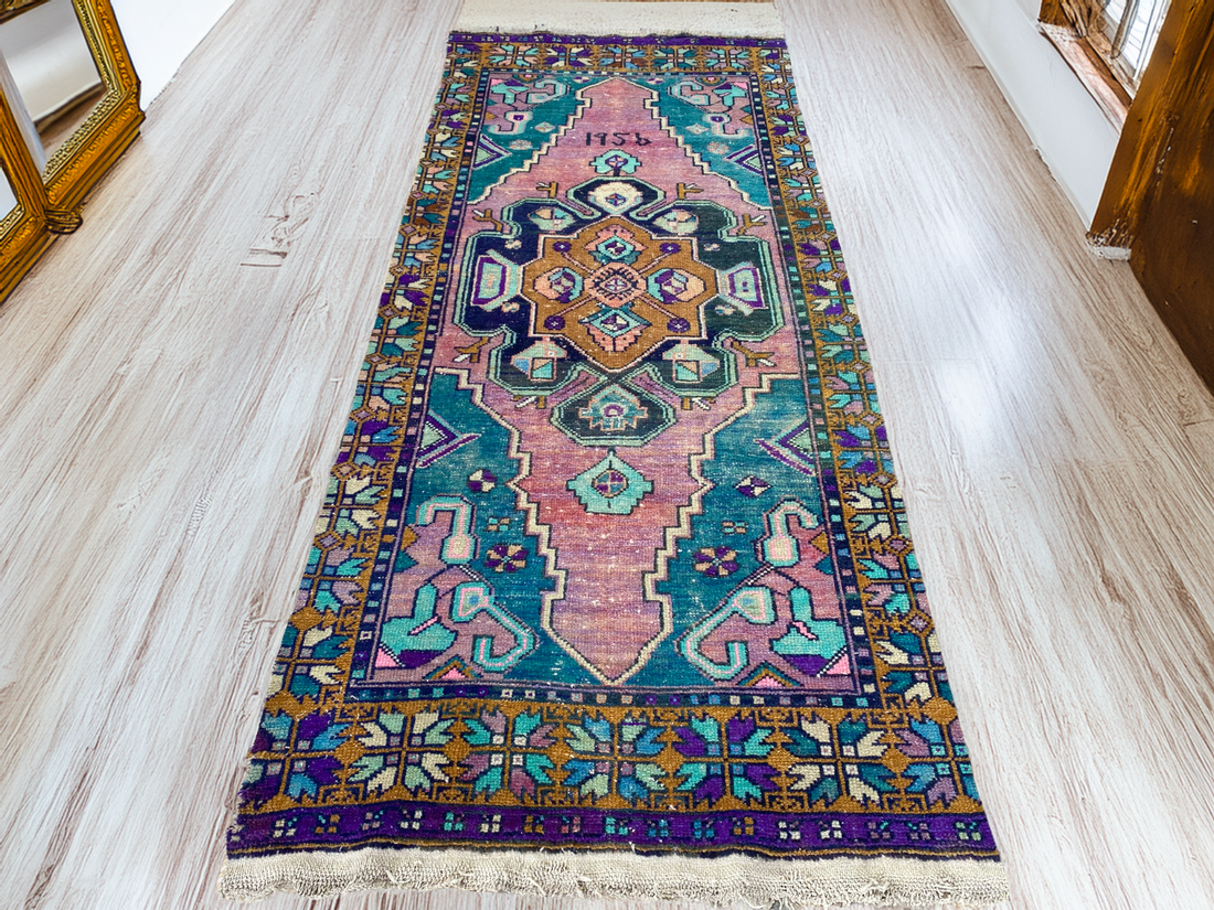 1950s Geometric Turkish Vintage Area, Tribal Handmade Anatolian Rug 3.3x7.5 ft