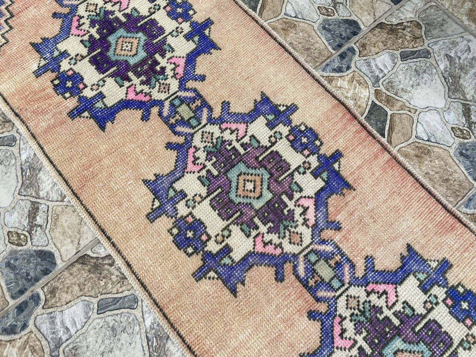 Geometric Turkish Vintage Rug, Runner Farmhouse Anatolian Tribal Village Rug 2x9