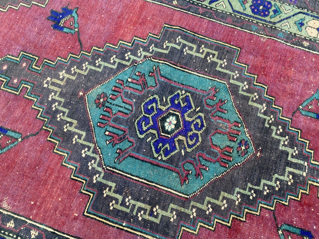 Turkish Vintage Rug, Geometric Area Farmhouse Anatolian Tribal Village Rug 3x7ft