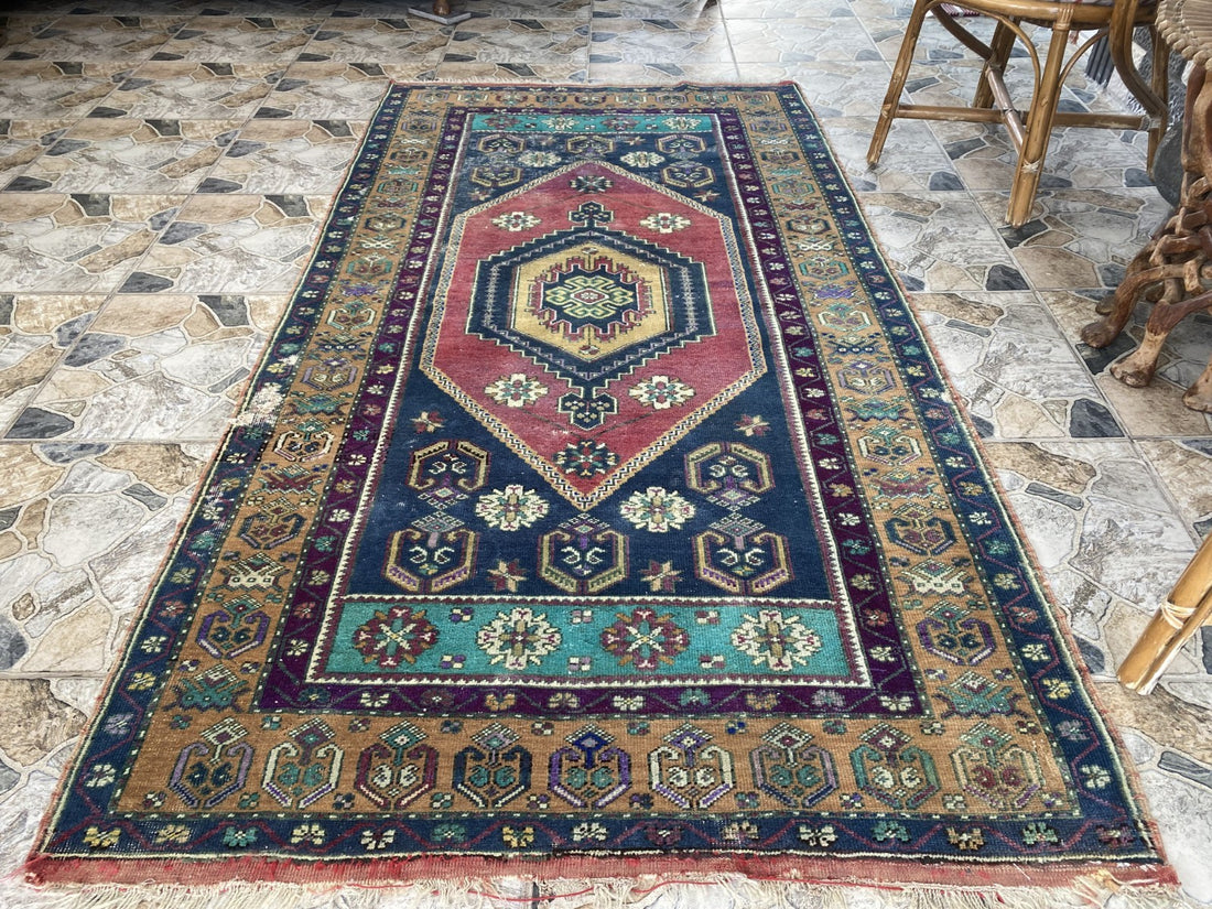 4x7 ft Vintage Turkish Rug, Geometric Pattern, Red Blue Oriental Tribal Area Rug