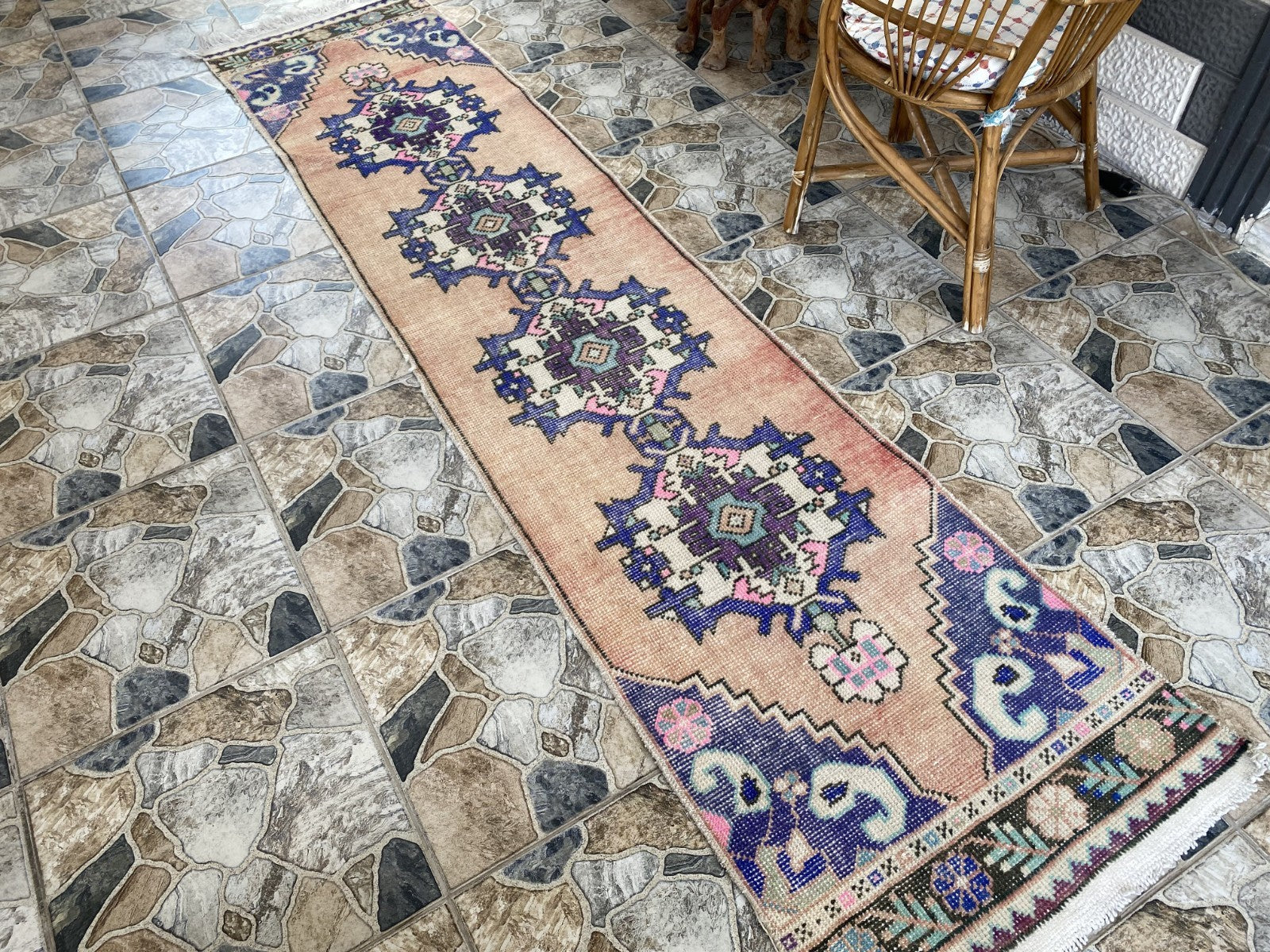 Geometric Turkish Vintage Rug, Runner Farmhouse Anatolian Tribal Village Rug 2x9