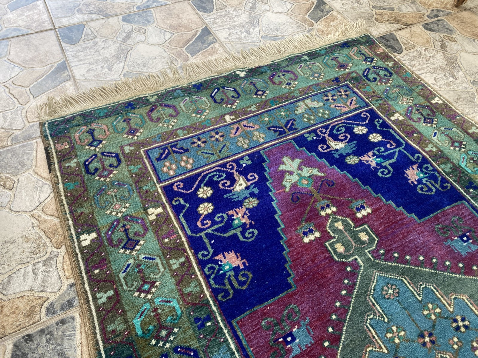 Vintage Handmade Turkish Rug Red Blue Medallion Anatolian Tribal Wool Rug 3x6 ft
