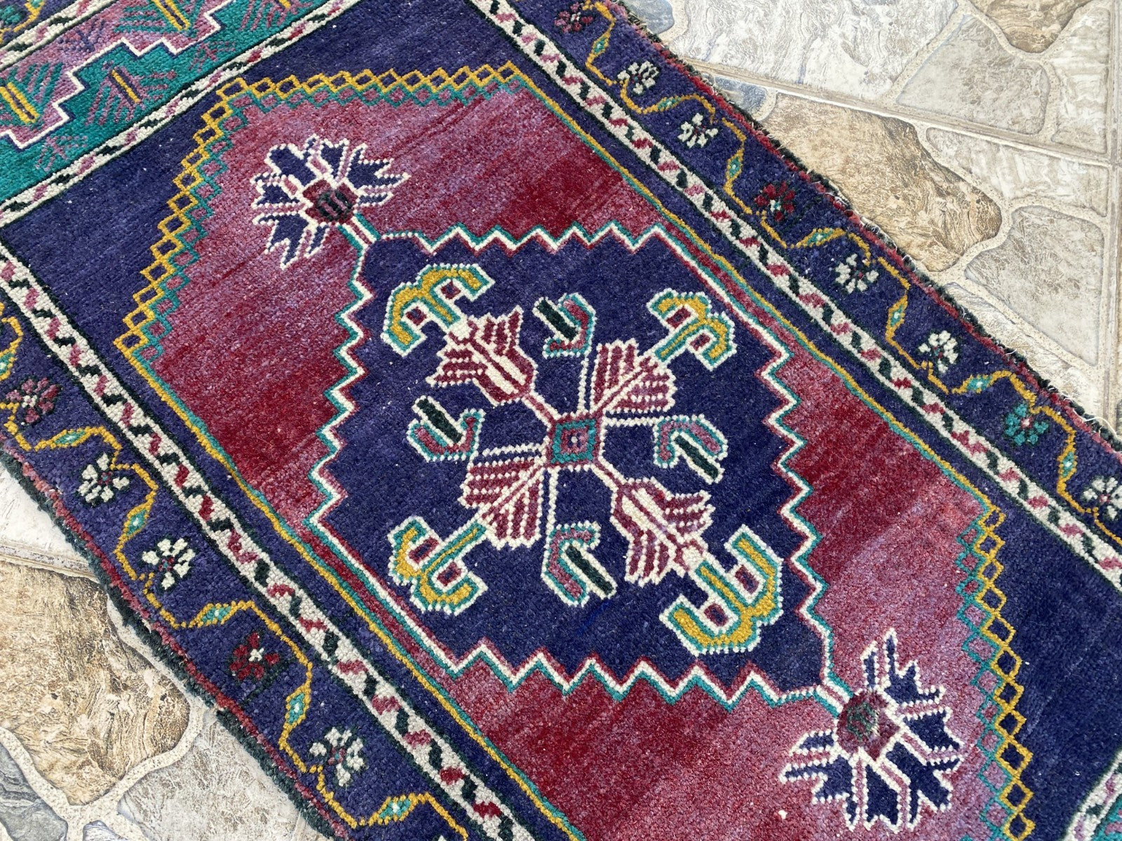 Geometric Turkish Vintage Small Rug, Tribal Handmade Anatolian Red Blue 1.9x3.4