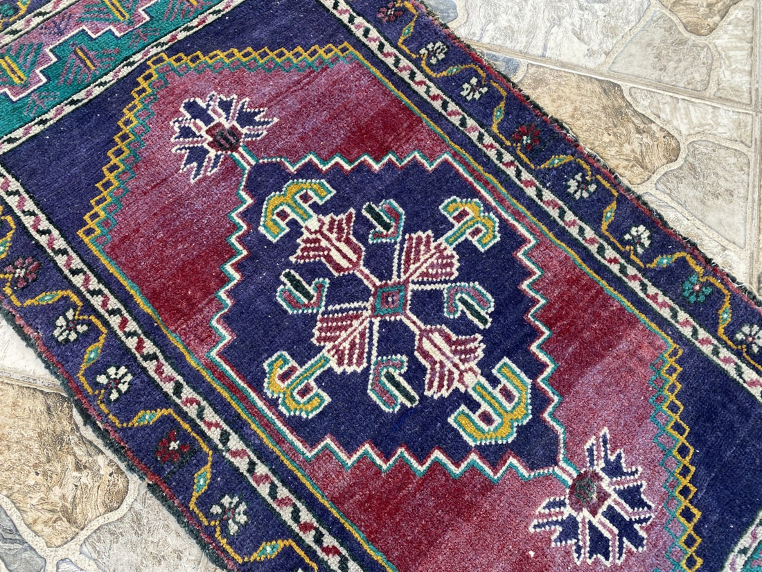 Geometric Turkish Vintage Small Rug, Tribal Handmade Anatolian Red Blue 1.9x3.4