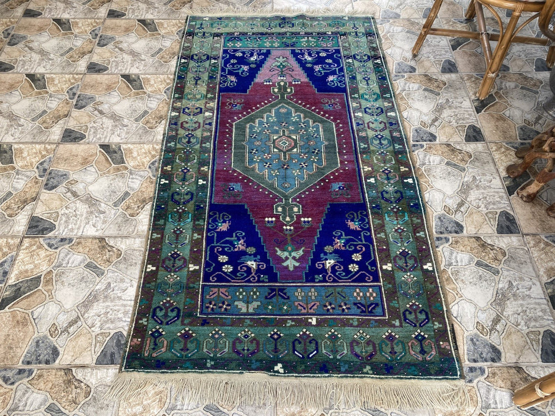 Vintage Handmade Turkish Rug Red Blue Medallion Anatolian Tribal Wool Rug 3x6 ft