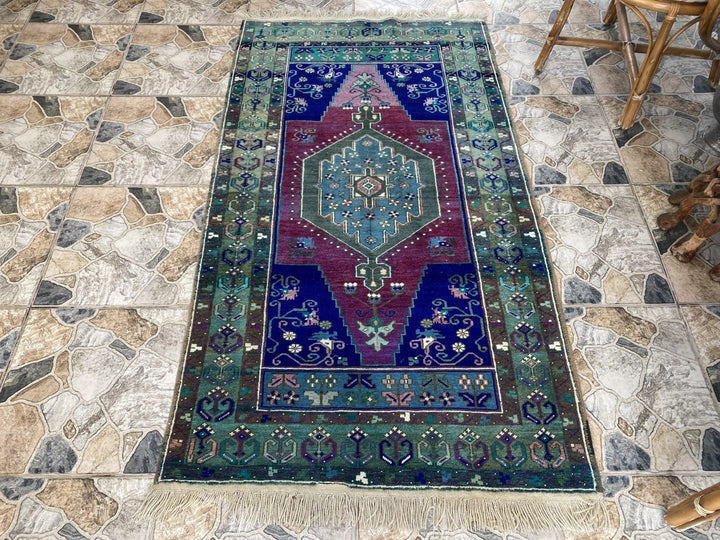 Vintage Handmade Turkish Rug Red Blue Medallion Anatolian Tribal Wool Rug 3x6 ft