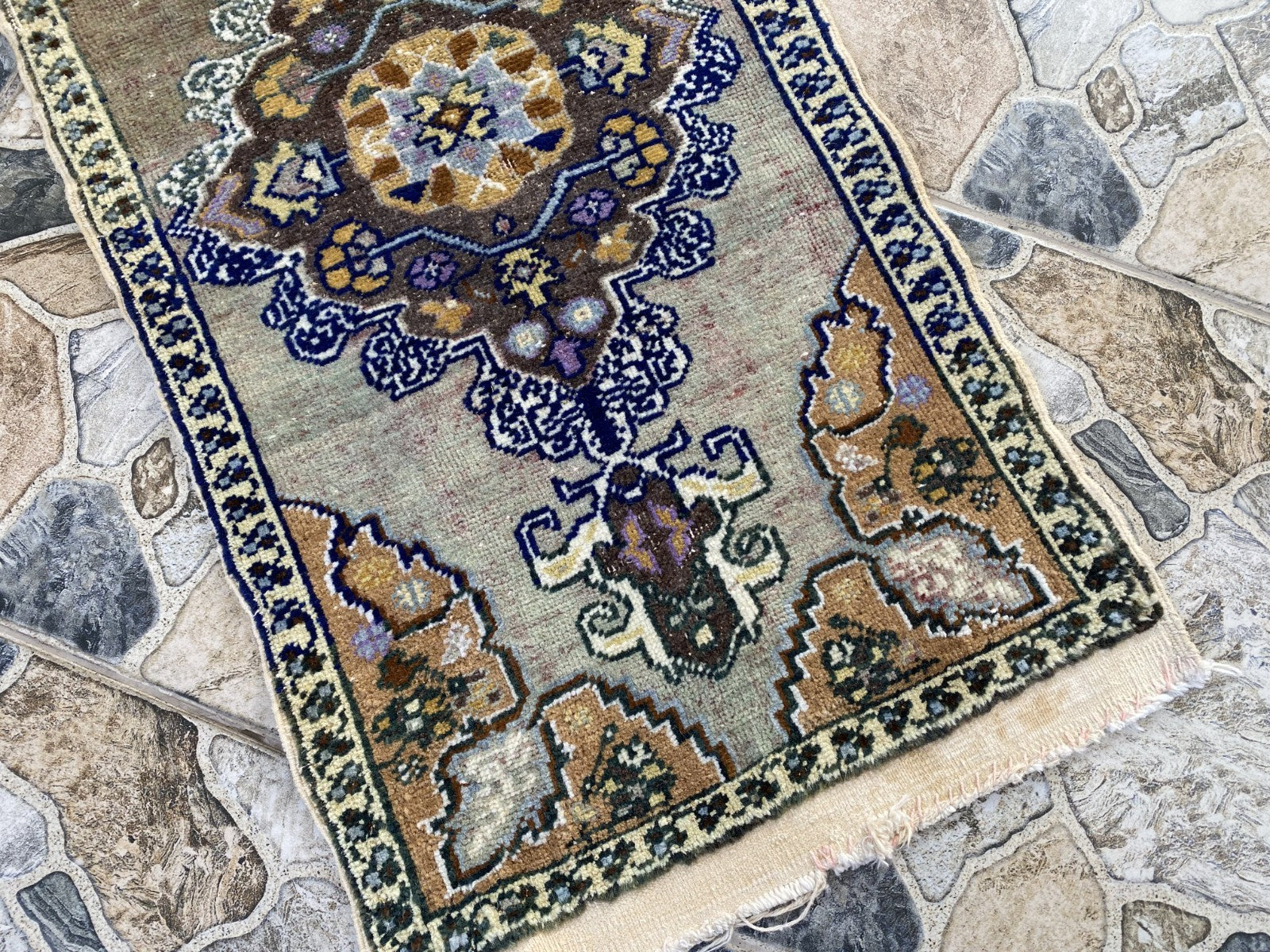 Faded Vintage Wool Rug | 1.5 x 2.9 ft Hand-Knotted Anatolian Small Medallion Rug