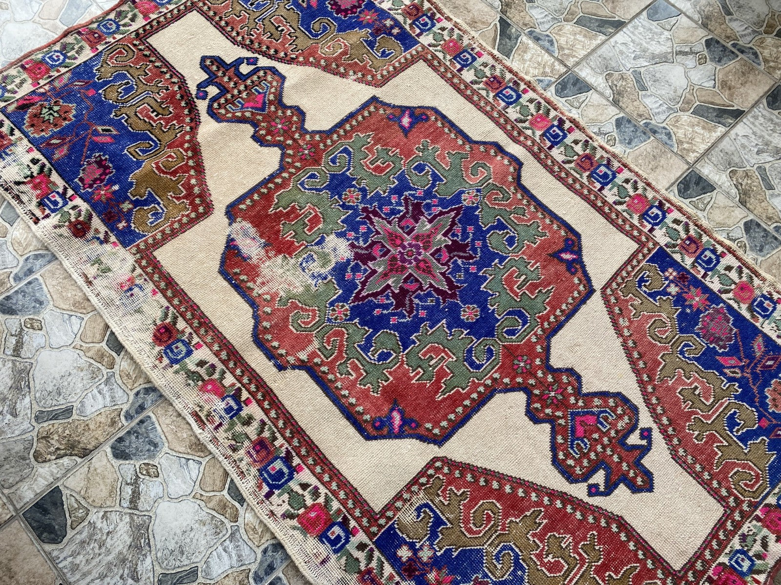 Vintage Turkish Area Rug | 4.3 x 7.3 ft Hand-Knotted Wool Distressed Antique Rug