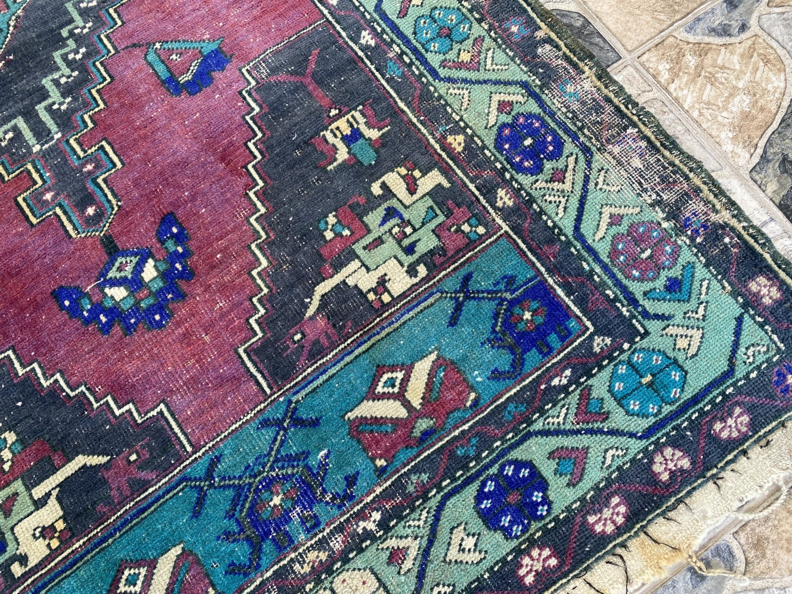 Turkish Vintage Rug, Geometric Area Farmhouse Anatolian Tribal Village Rug 3x7ft