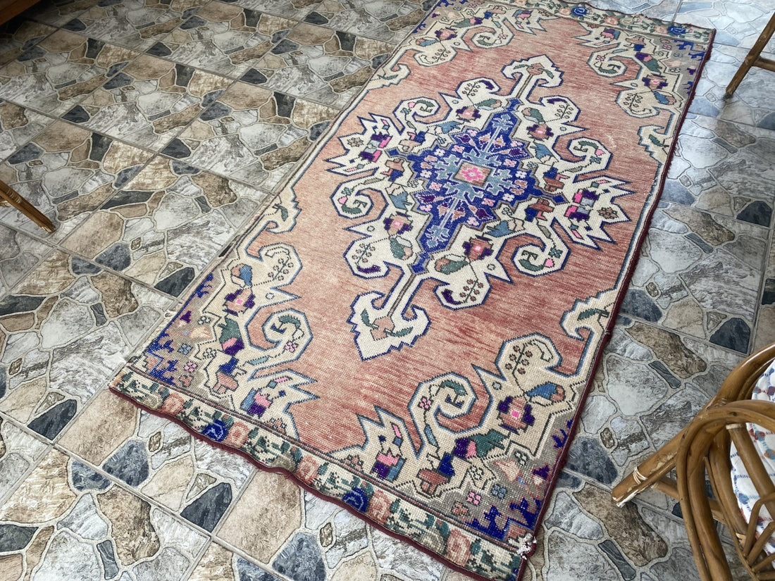 3x7 ft Vintage Turkish Area Rug Red Blue Oriental Anatolian Medallion Floral Rug