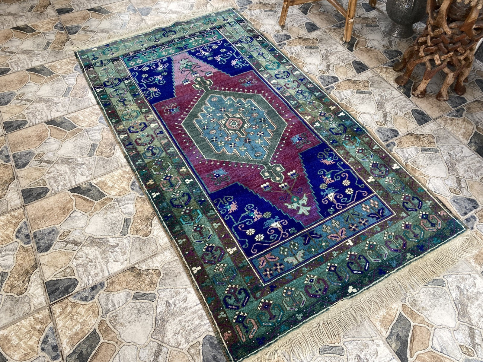 Vintage Handmade Turkish Rug Red Blue Medallion Anatolian Tribal Wool Rug 3x6 ft