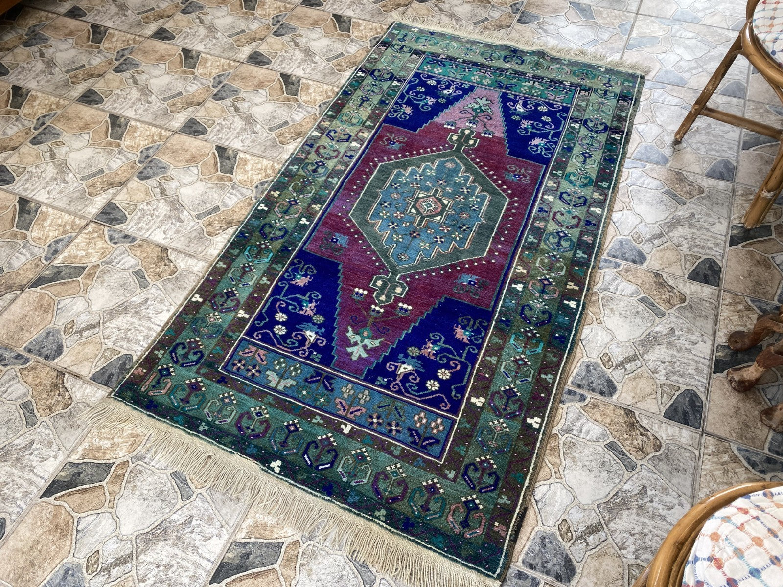 Vintage Handmade Turkish Rug Red Blue Medallion Anatolian Tribal Wool Rug 3x6 ft