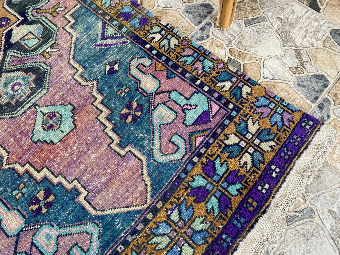 1950s Geometric Turkish Vintage Area, Tribal Handmade Anatolian Rug 3.3x7.5 ft