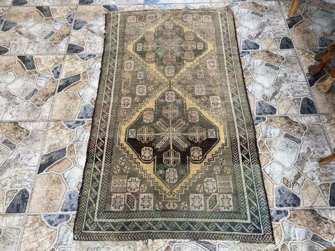 Vintage Persian Beluch Rug, Small Tribal Wool Handmade Oriental Carpet 2.6x4.5ft