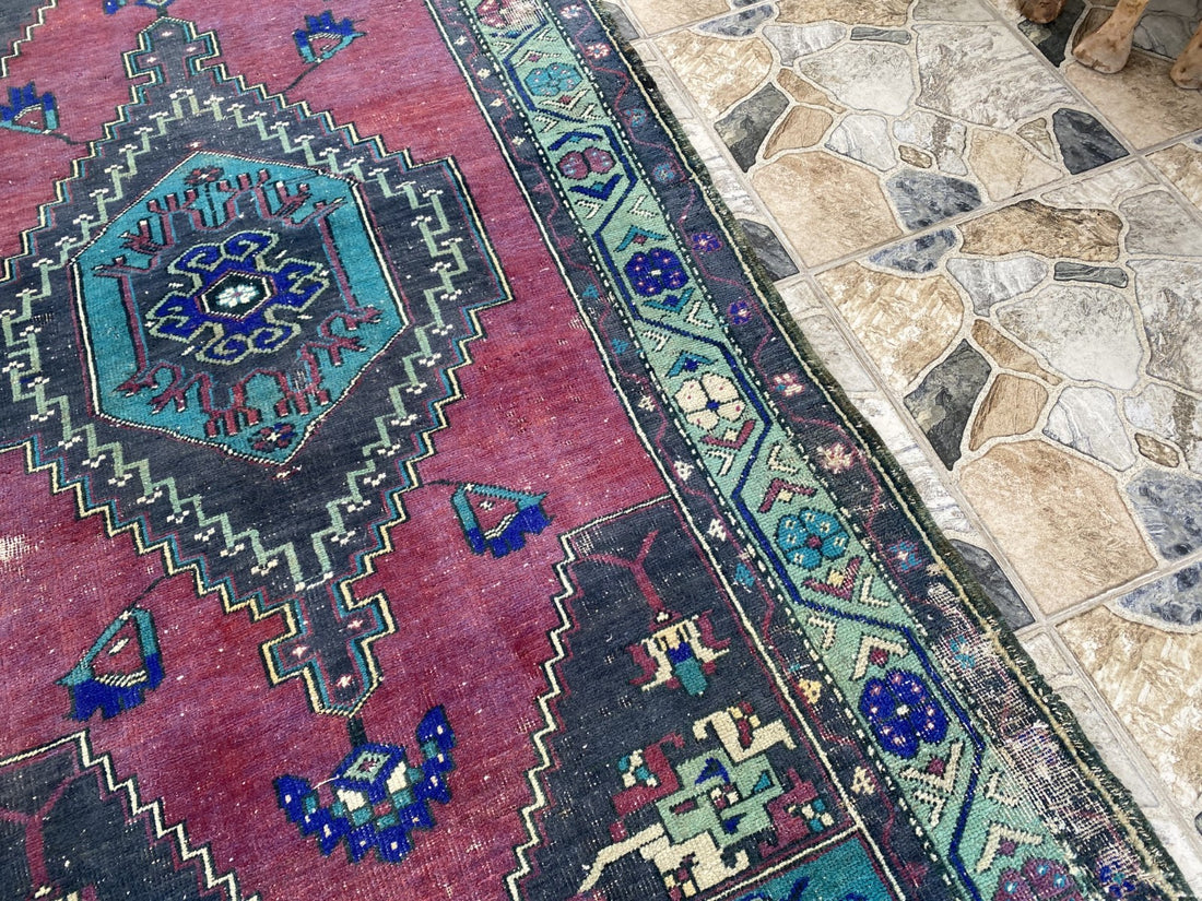 Turkish Vintage Rug, Geometric Area Farmhouse Anatolian Tribal Village Rug 3x7ft