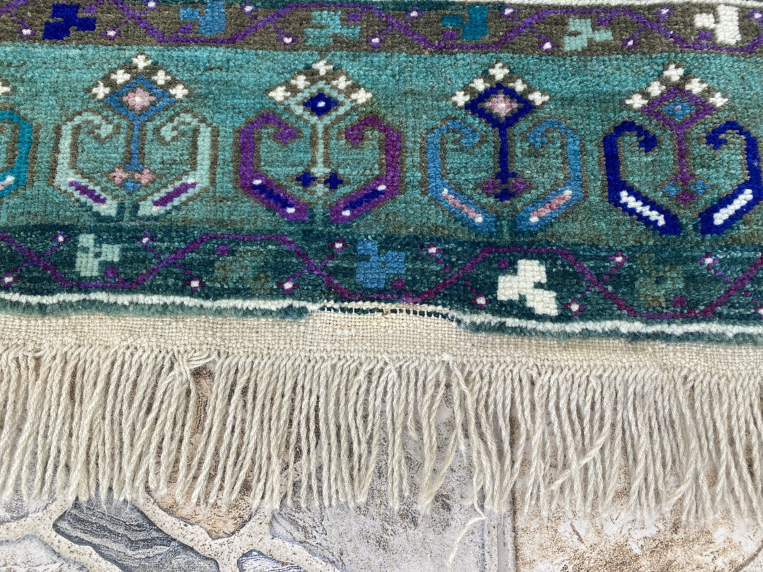 Vintage Handmade Turkish Rug Red Blue Medallion Anatolian Tribal Wool Rug 3x6 ft