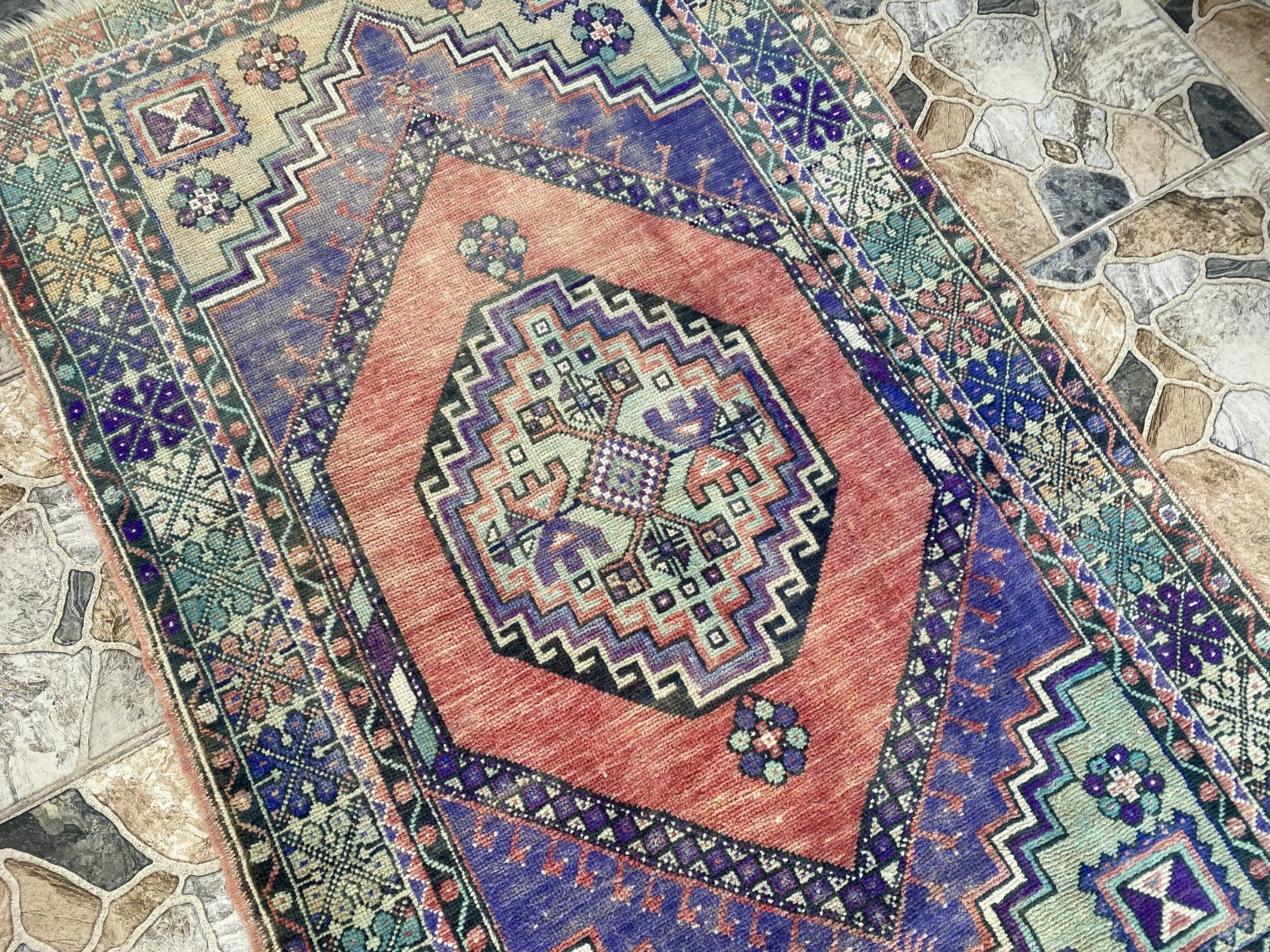 3x6 ft Vintage Turkish Rug Red Blue Farmhouse Oriental Medallion Tribal Area Rug