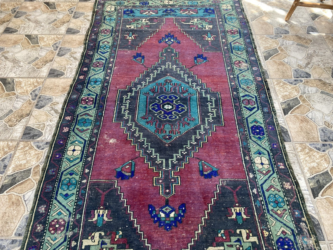 Turkish Vintage Rug, Geometric Area Farmhouse Anatolian Tribal Village Rug 3x7ft