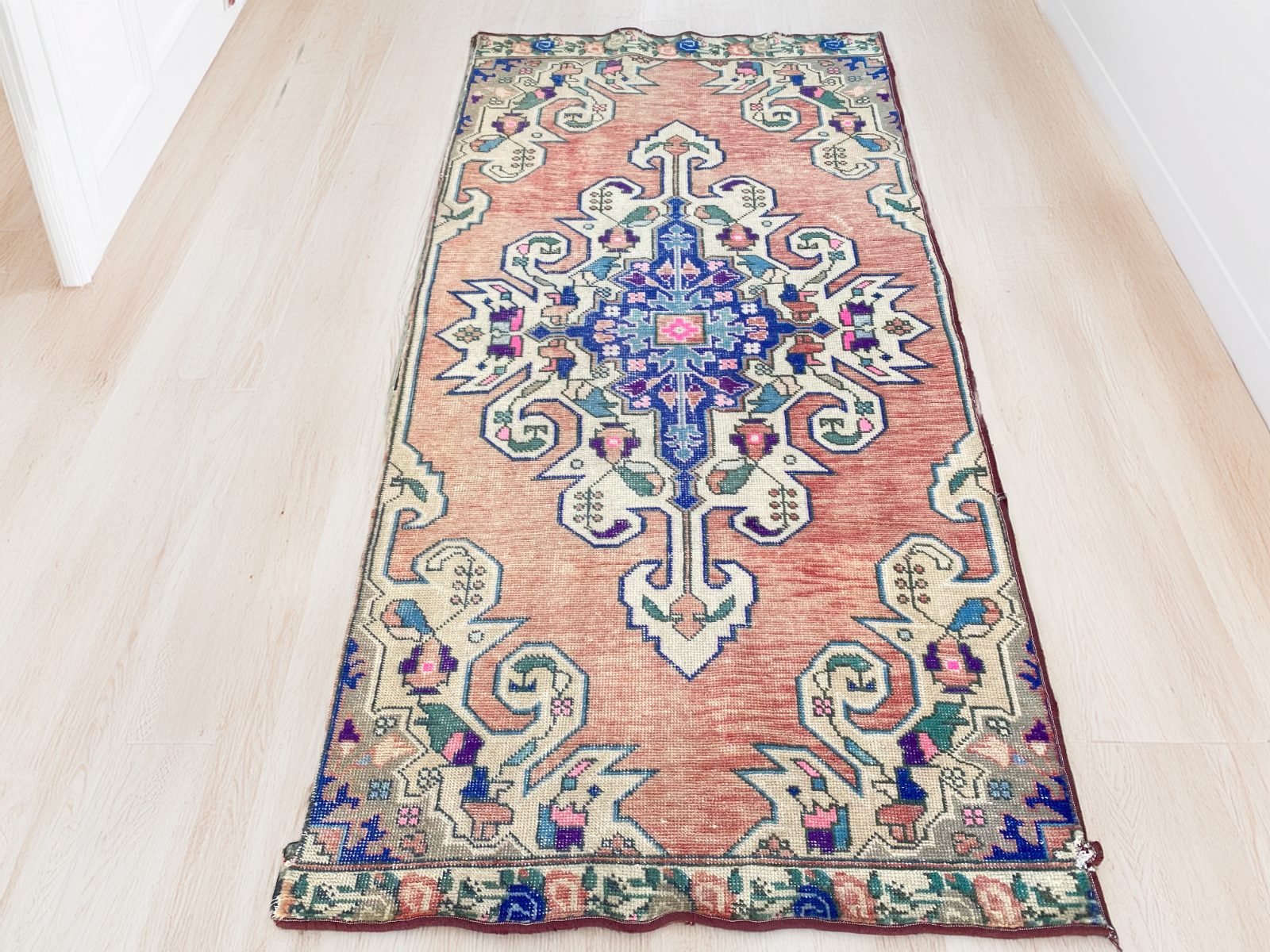 3x7 ft Vintage Turkish Area Rug Red Blue Oriental Anatolian Medallion Floral Rug