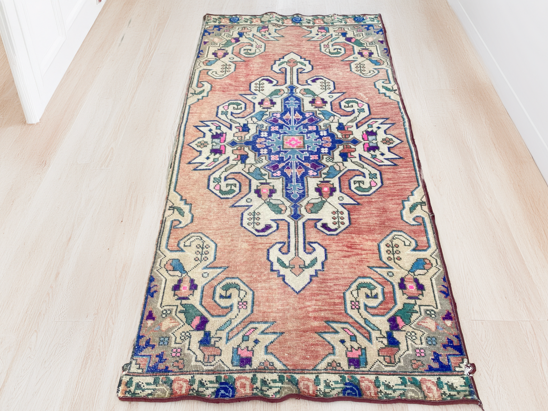 3x7 ft Vintage Turkish Area Rug Red Blue Oriental Anatolian Medallion Floral Rug