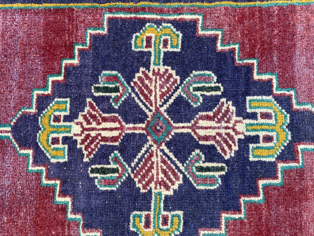 Geometric Turkish Vintage Small Rug, Tribal Handmade Anatolian Red Blue 1.9x3.4