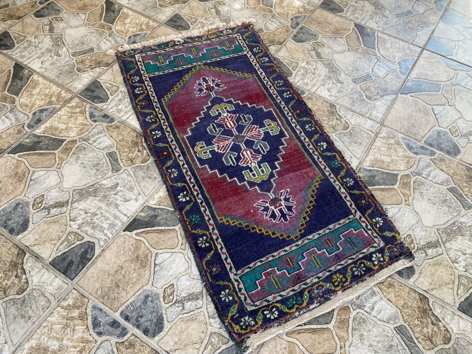 Geometric Turkish Vintage Small Rug, Tribal Handmade Anatolian Red Blue 1.9x3.4