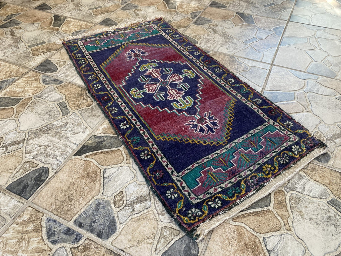 Geometric Turkish Vintage Small Rug, Tribal Handmade Anatolian Red Blue 1.9x3.4