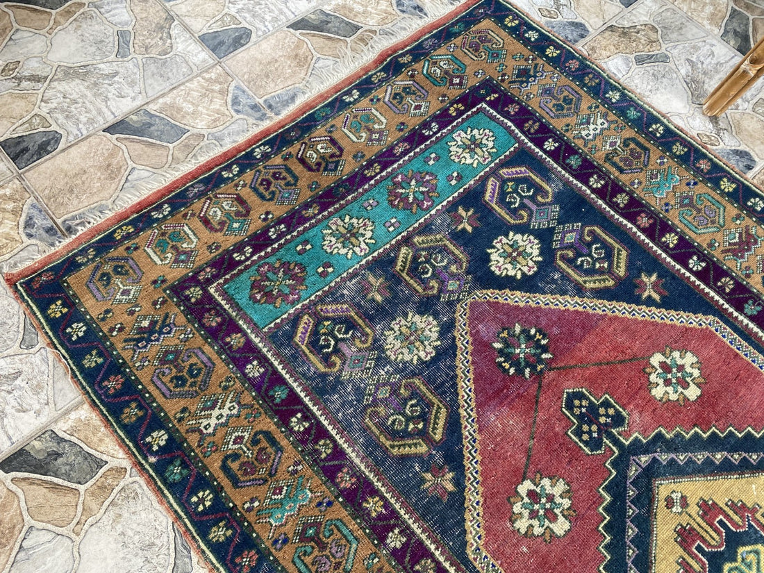 4x7 ft Vintage Turkish Rug, Geometric Pattern, Red Blue Oriental Tribal Area Rug
