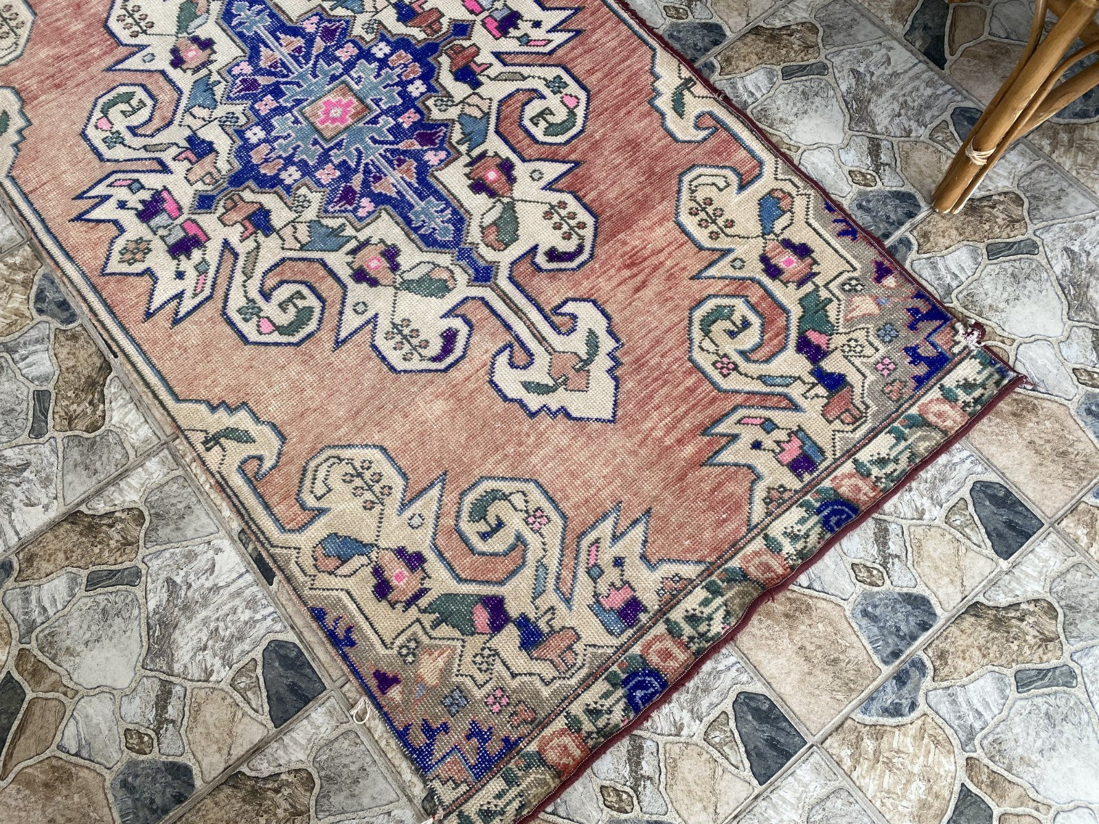 3x7 ft Vintage Turkish Area Rug Red Blue Oriental Anatolian Medallion Floral Rug