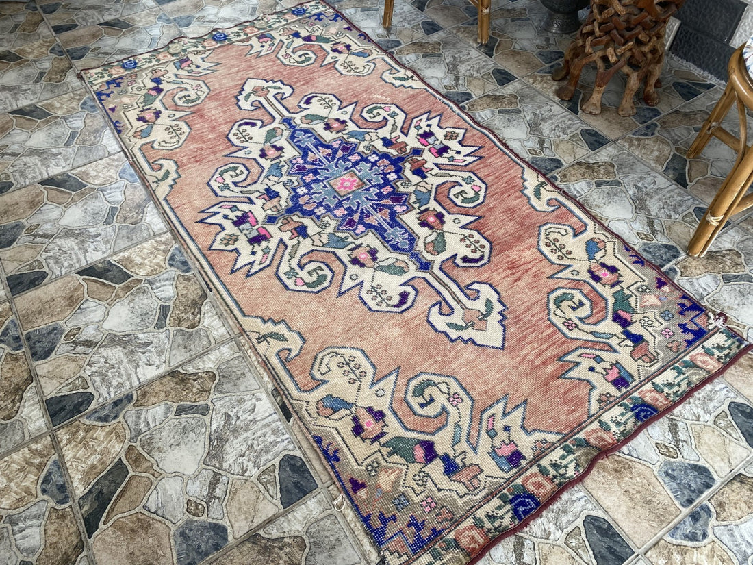 3x7 ft Vintage Turkish Area Rug Red Blue Oriental Anatolian Medallion Floral Rug