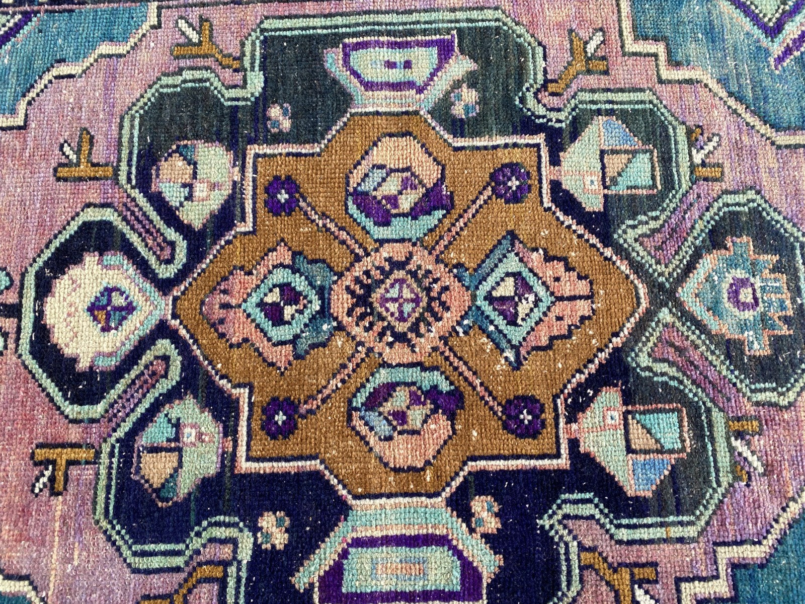 1950s Geometric Turkish Vintage Area, Tribal Handmade Anatolian Rug 3.3x7.5 ft