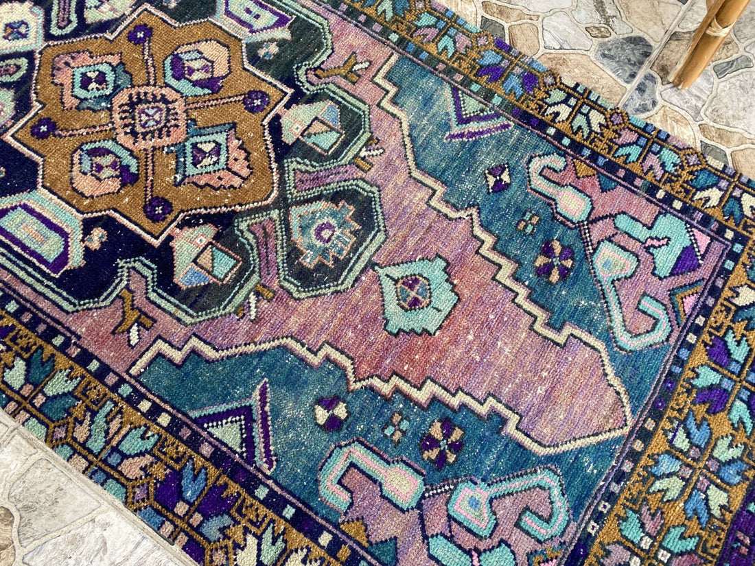 1950s Geometric Turkish Vintage Area, Tribal Handmade Anatolian Rug 3.3x7.5 ft