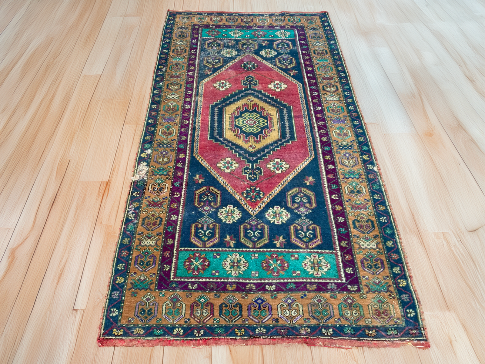 4x7 ft Vintage Turkish Rug, Geometric Pattern, Red Blue Oriental Tribal Area Rug